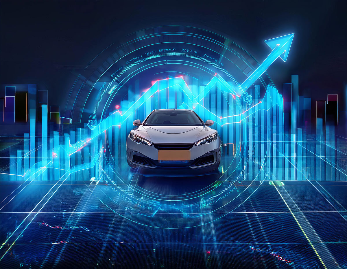 Electric car in front of blue graphs, depicting the market.
